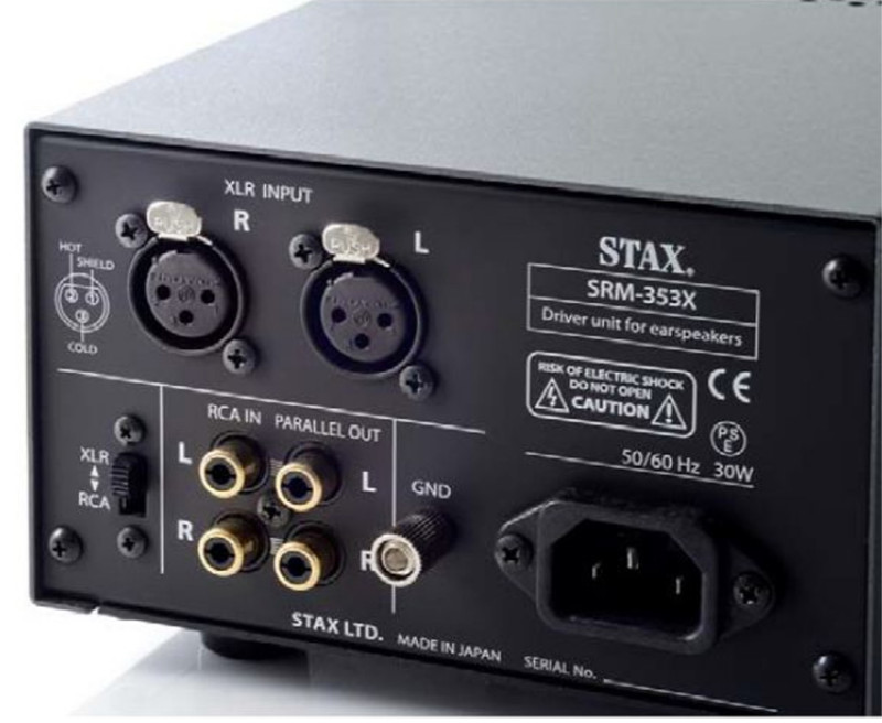 STAX SRM-353X förstärkare för hörlurar med XLR- och RCA-ingångar, tillverkad i Japan, 30W effekt.