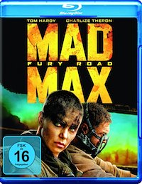 Blu-ray-omslag för "Mad Max: Fury Road" med Tom Hardy och Charlize Theron, actionfilm från 2016.