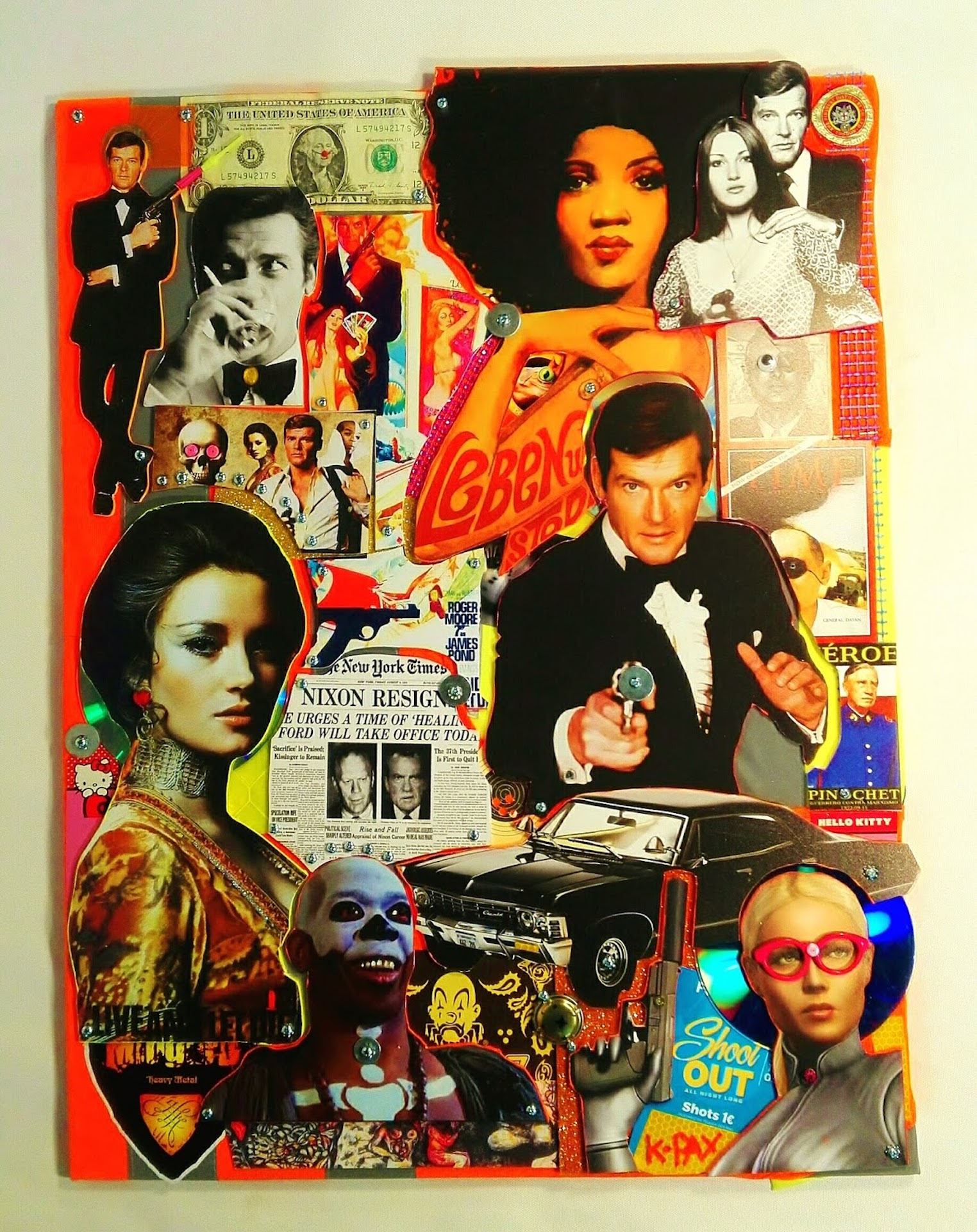 Färgstark popkonstcollage av Matthias Poltrock med filmikoner och 70-talsreferenser som James Bond och Nixon.