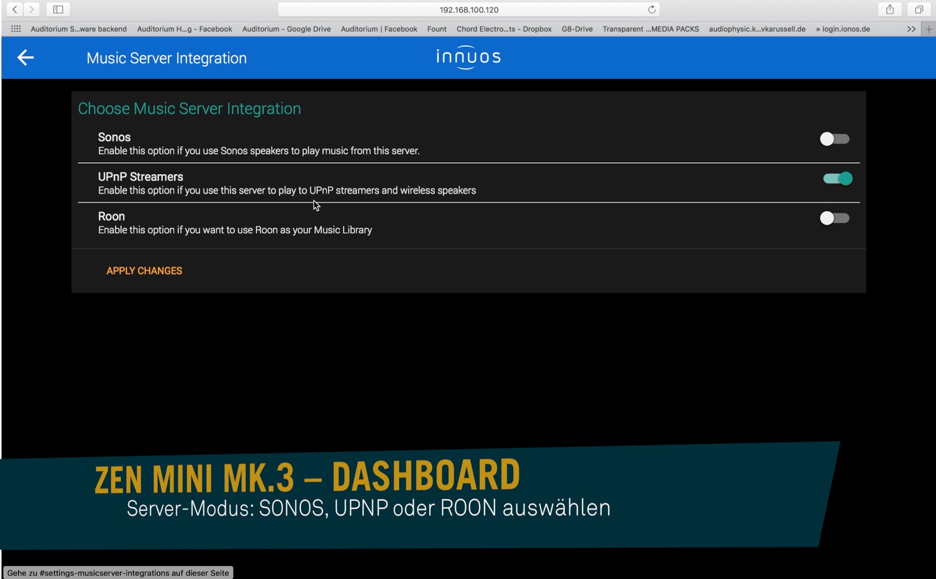 Skärmdump av Innuos Zen Mini MK.3:s gränssnitt med aktiverad UPnP-musikserverintegration.