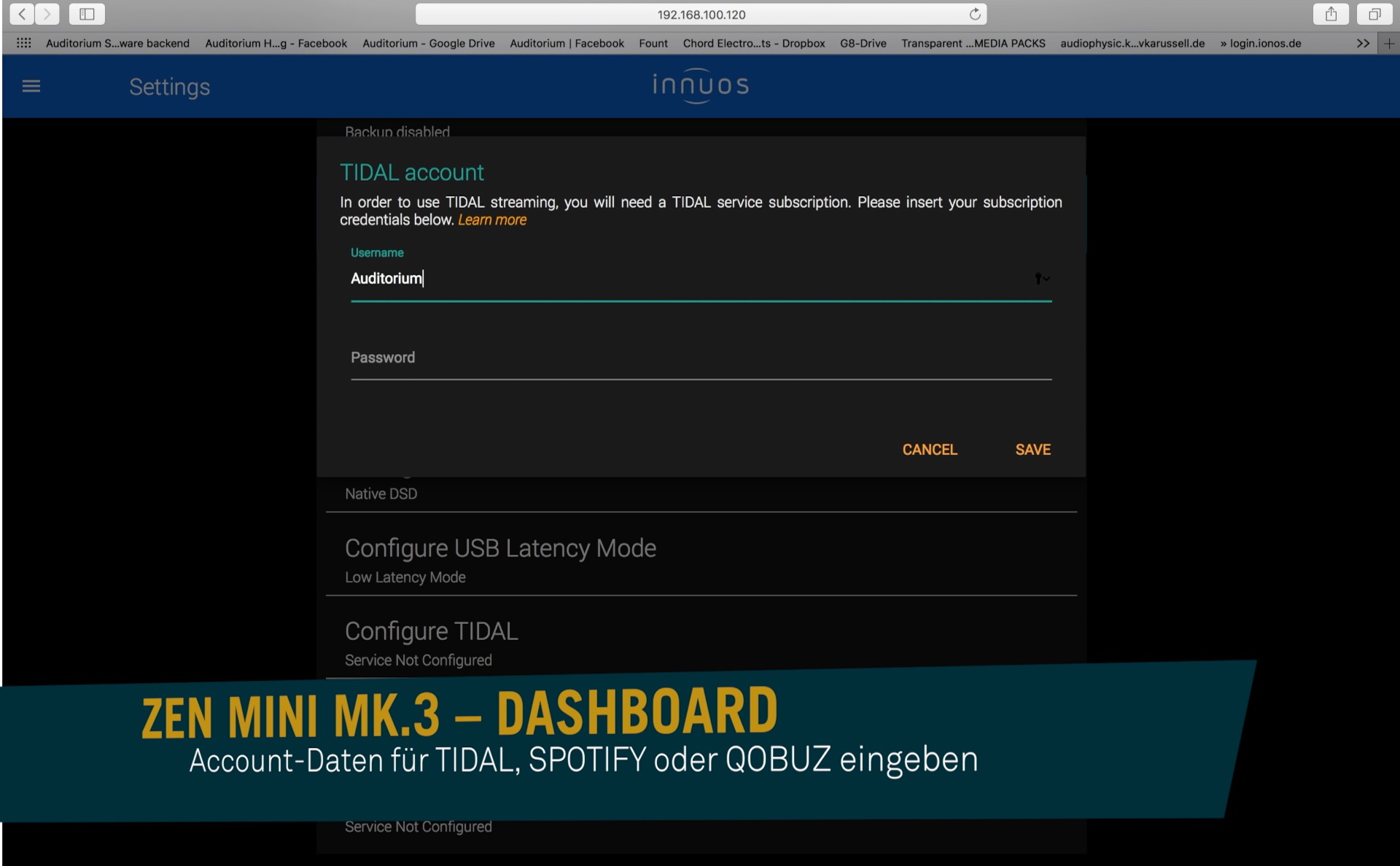 ZEN Mini MK.3-instrumentpanel där användaren kan ange kontouppgifter för att konfigurera Tidal, Spotify eller Qobuz.