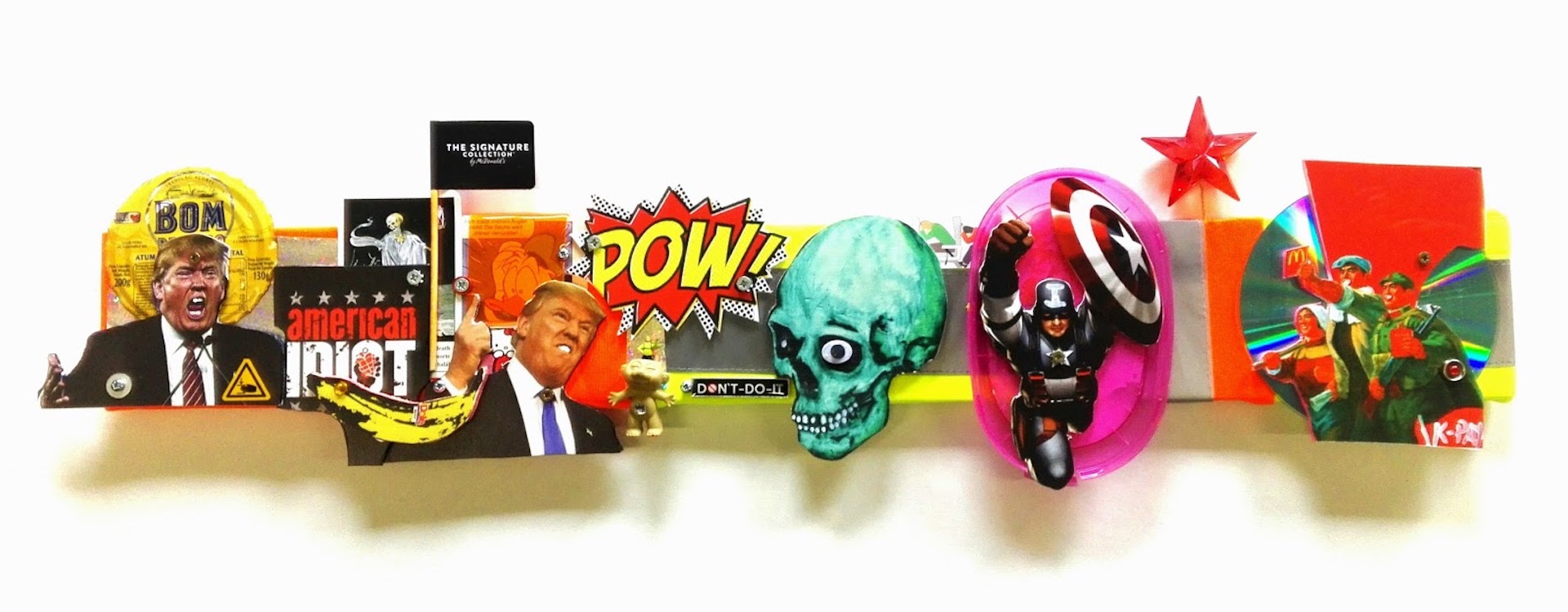 Popkonst-collage av Matthias Poltrock som kombinerar politik, popkultur och konsumtionskritik med färger och symboler.