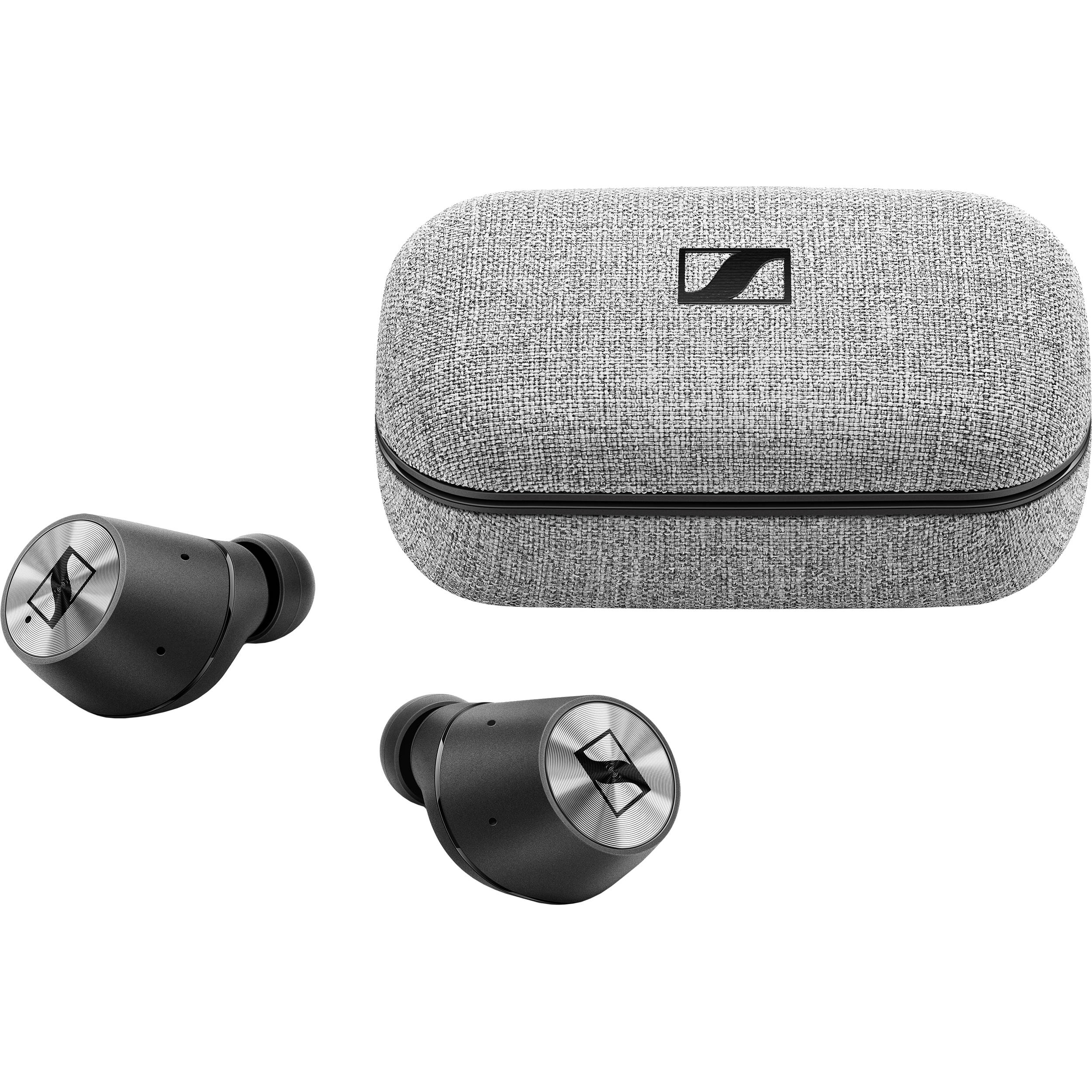 Sennheiser Momentum True Wireless hörlurar med elegant laddningsetui, trådlösa och perfekta för högkvalitativ musik på språng.
