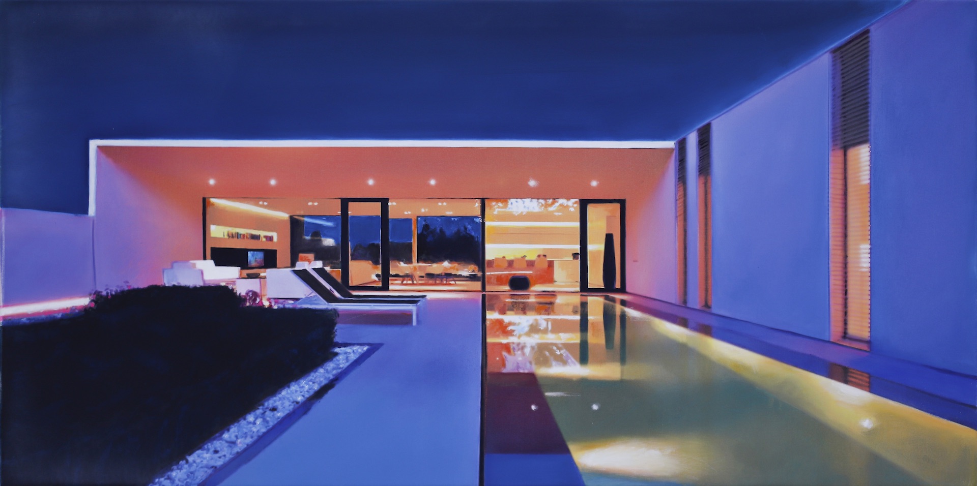 Modernt upplyst hus med pool på natten, som utstrålar harmoni och stilren design.