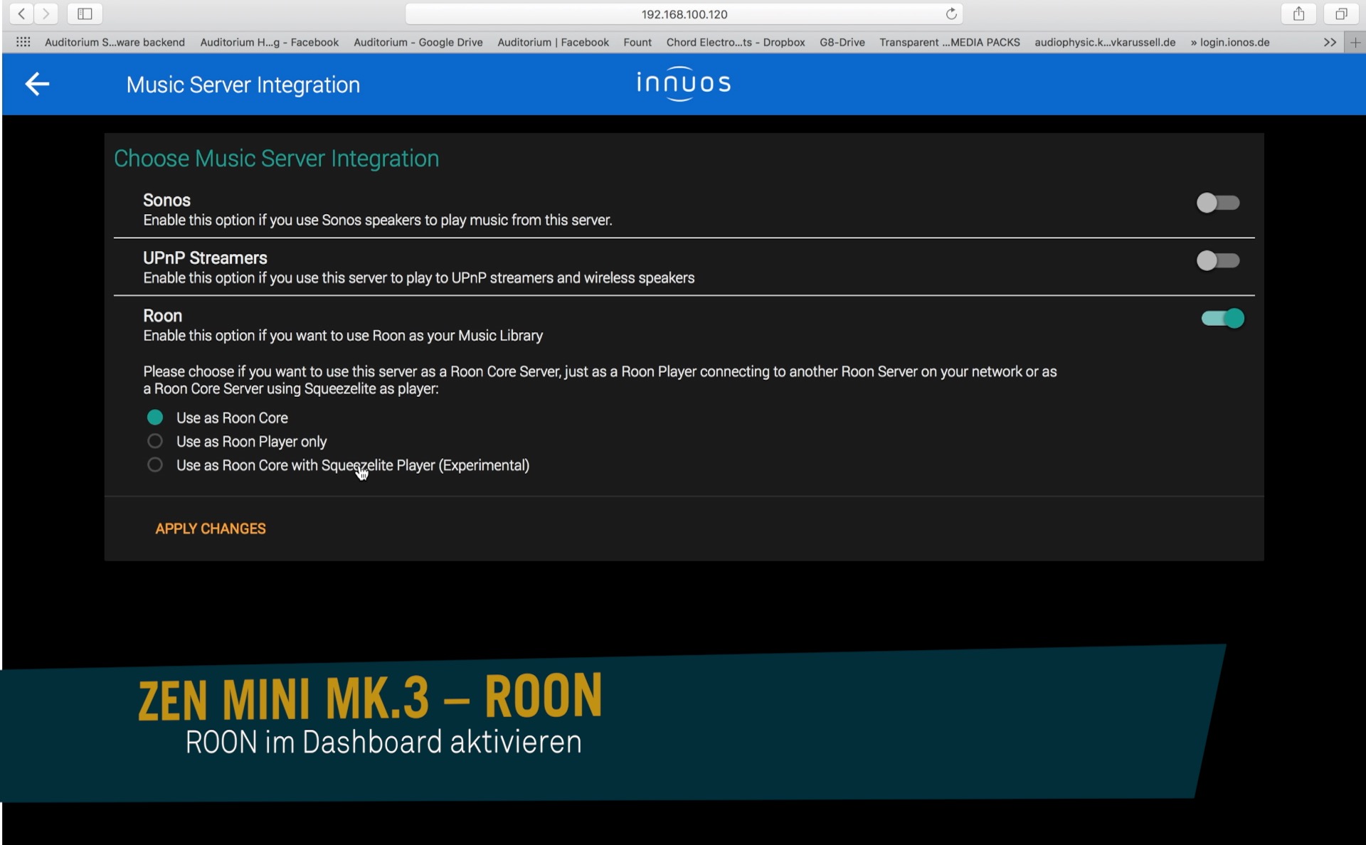 Innuos ZEN Mini MK.3 där Roon aktiveras och musikserver-integrering konfigureras som Core eller Player.