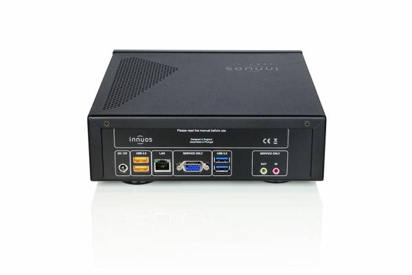 Innuos musikserver MK3 med uppdateringar, visad bakifrån med LAN-, USB- och ljudanslutningar för högkvalitativ musikuppspelning.