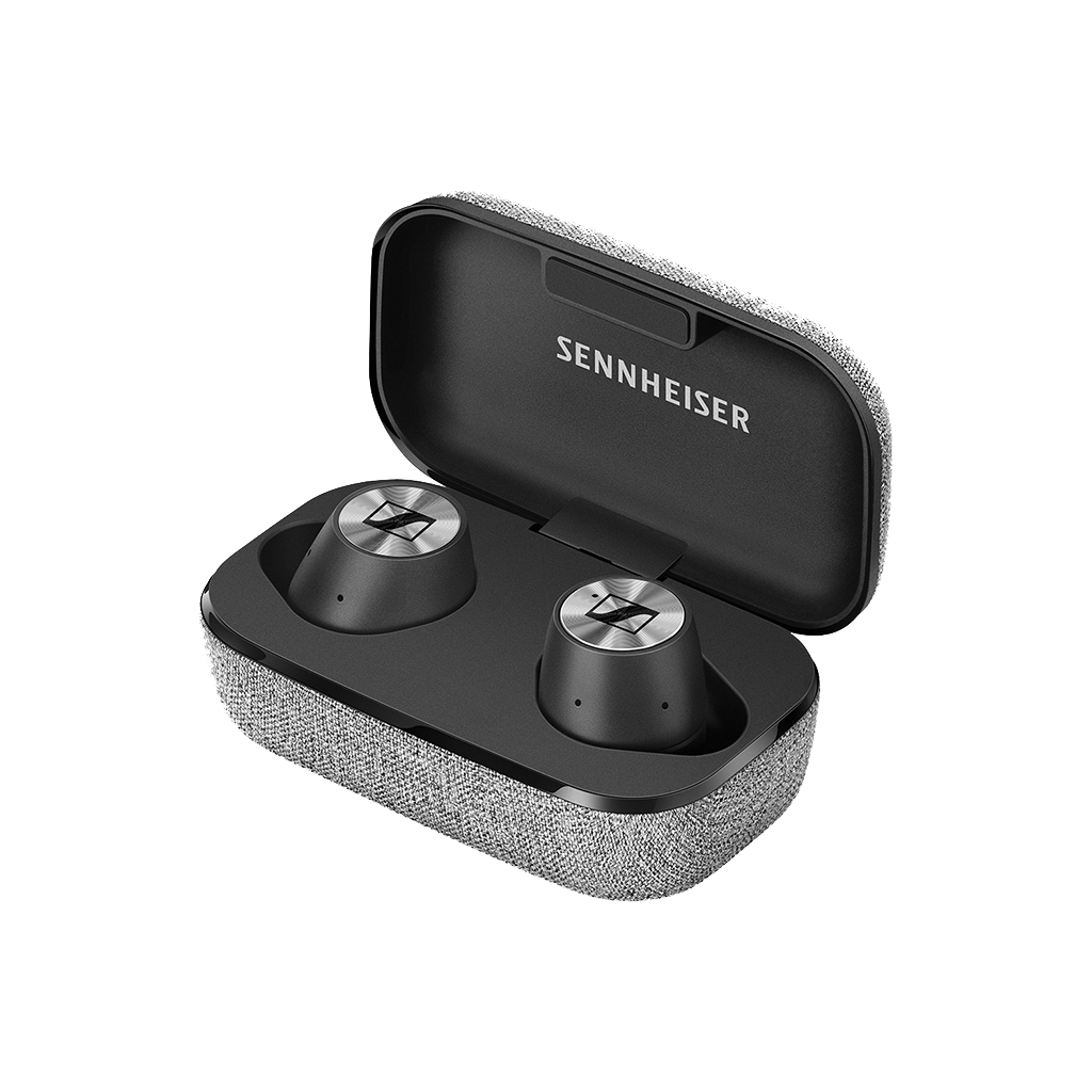 Sennheiser Momentum True Wireless-hörlurar med elegant laddfodral och utmärkt ljud, idealiska för musikälskare på språng.