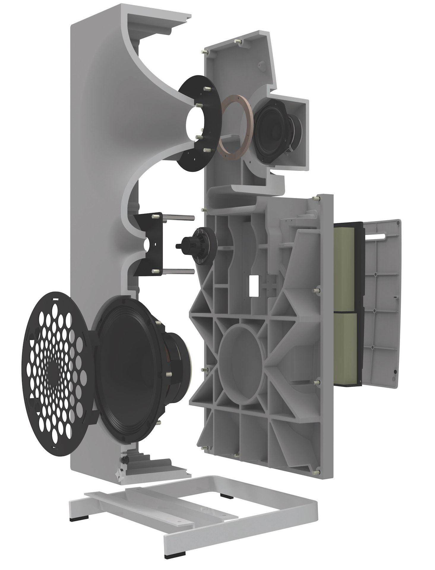 Exploderad vy av Avantgarde Acoustic Zero One-högtalare som visar dess interna struktur och komponenter.