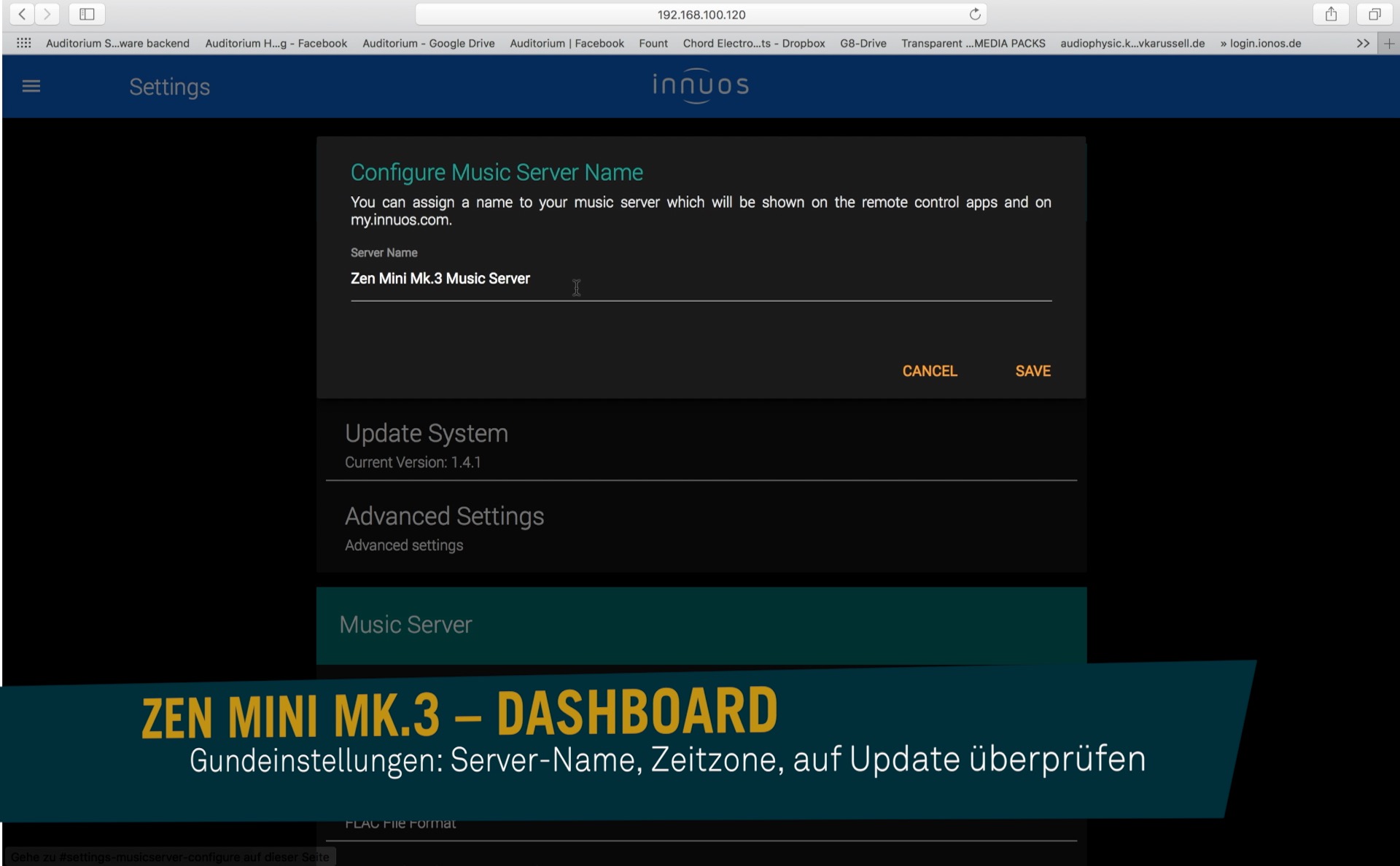 ZEN Mini Mk.3 instrumentpanel visar servernamn och systeminställningar, perfekt tillsammans med Roon för bästa musikupplevelse.
